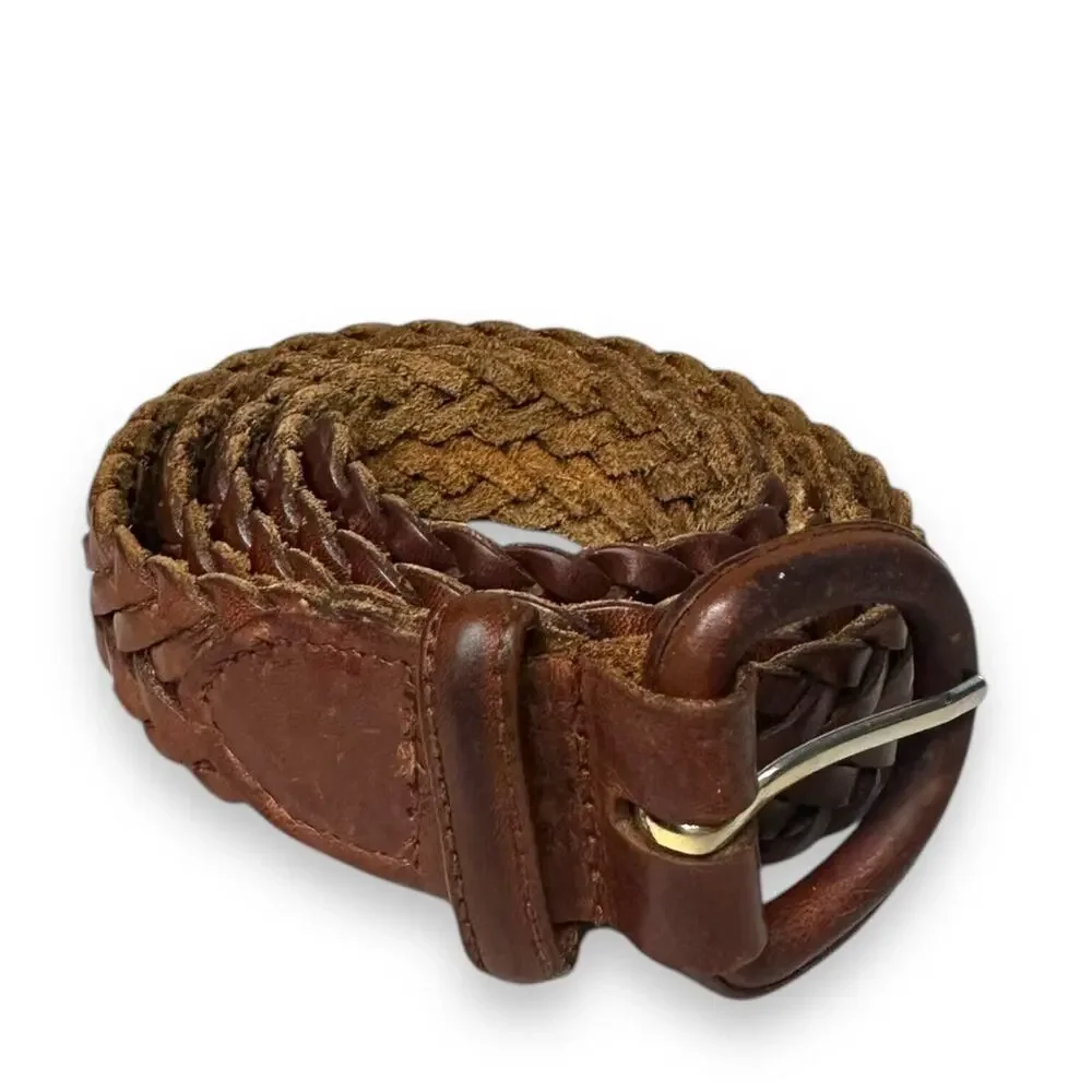 Vintage Braided Leather Belt Brown Leather Buckle Oil Tanned Cowhide Mens 38-95
